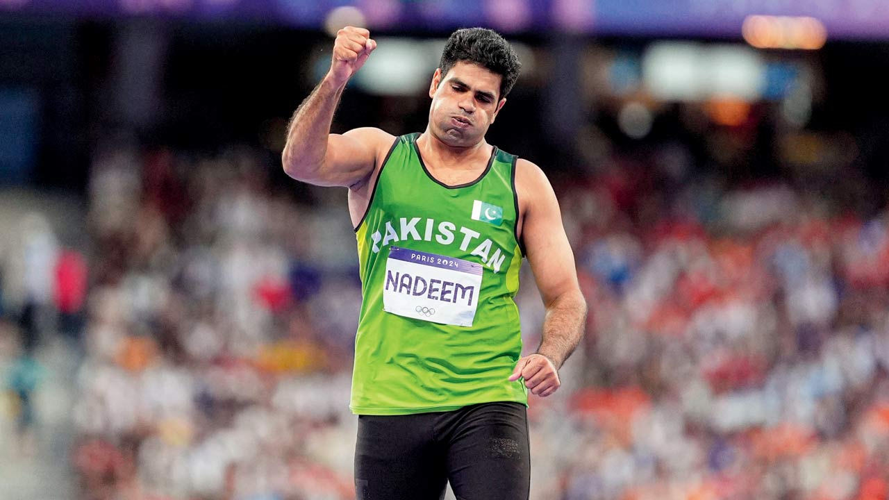 Pakistan’s Arshad Nadeem exults on Thursday. Pic/PTI 
