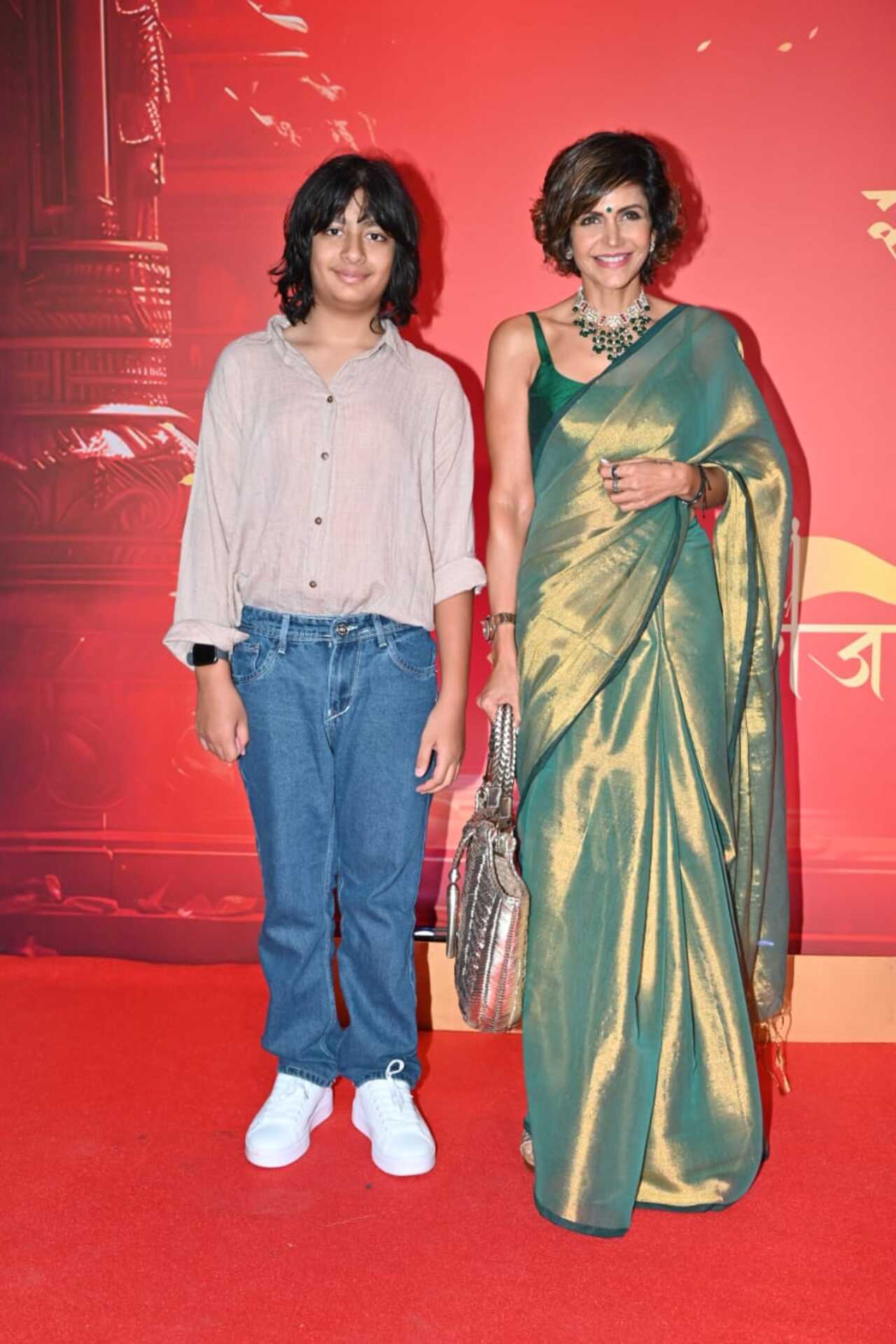 Mandira Bedi looked regal in a saree alongside son Vir. 
