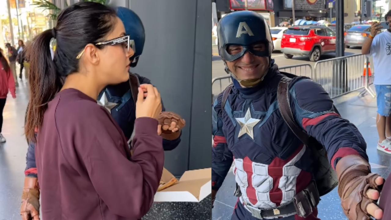 WATCH: Shehnaaz Gill gets jump scared by a Captain America impersonator in Los Angeles