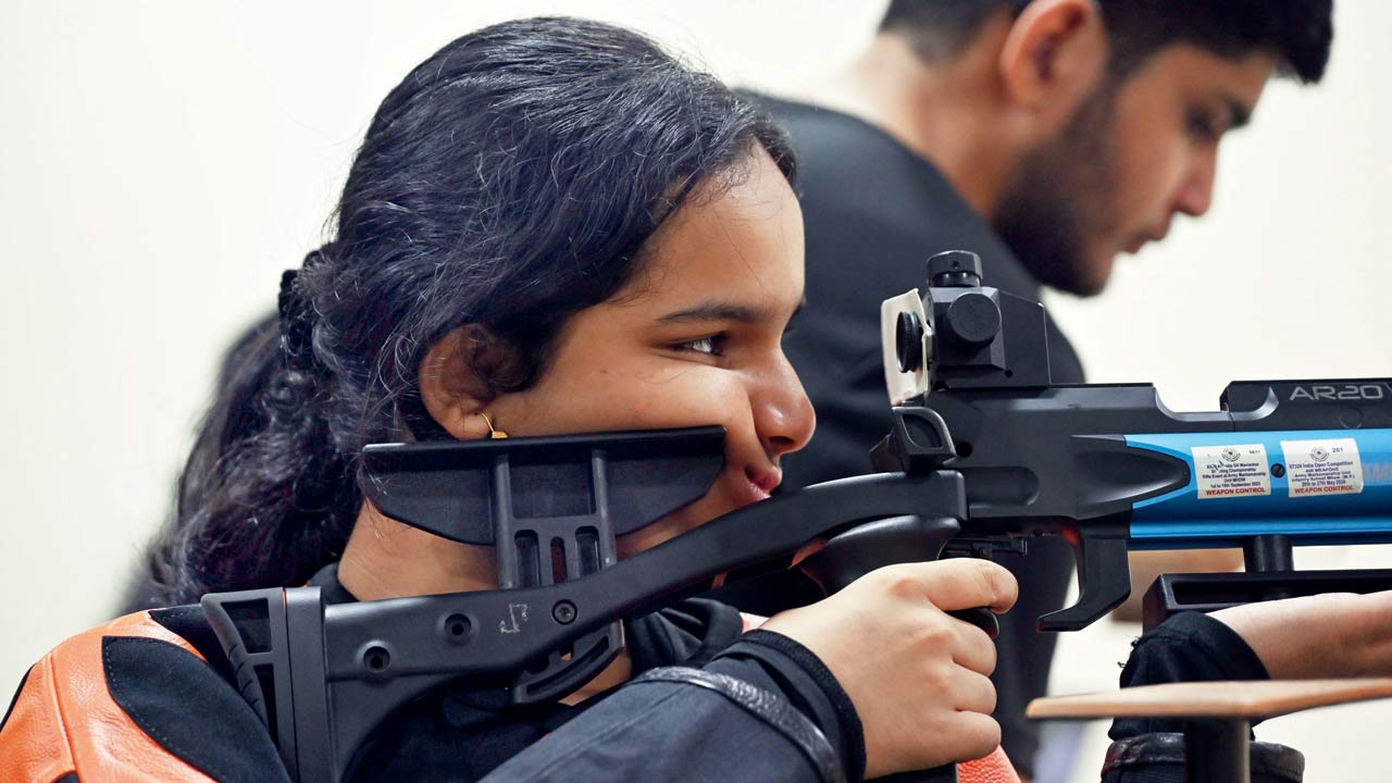  Mumbai-based junior shooter Ira Mahadik, a Class 9 student, takes aim at her shooting academy in Goregaon. She has been playing the sport for past two years and is competing at the state level