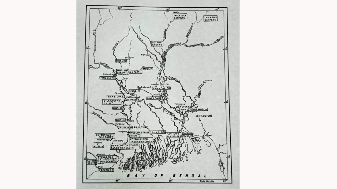 This textile map from Sushil Chaudhuri’s book Prithibir Tantghar (2018) illustrates the textile varieties produced across Bengal (in the broadest historical sense) during the 17th and 18th centuries. Pic Courtesy/Weavers Studio Resource Centre