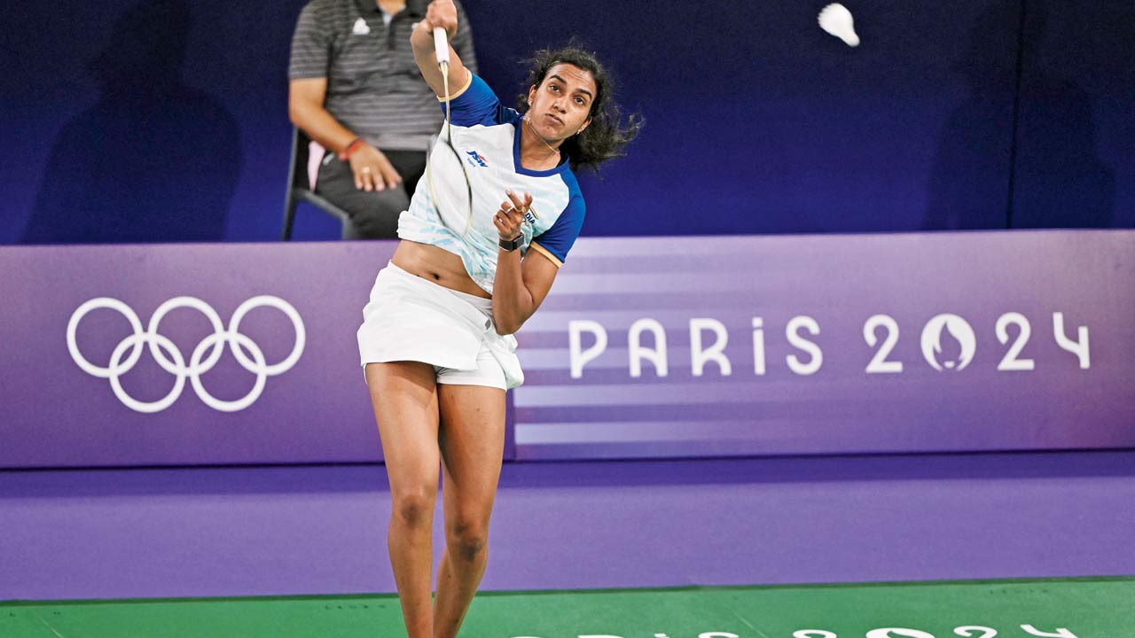India’s PV Sindhu during her loss to China’s He Bing Jiao in Paris recently. Pic/Getty Images