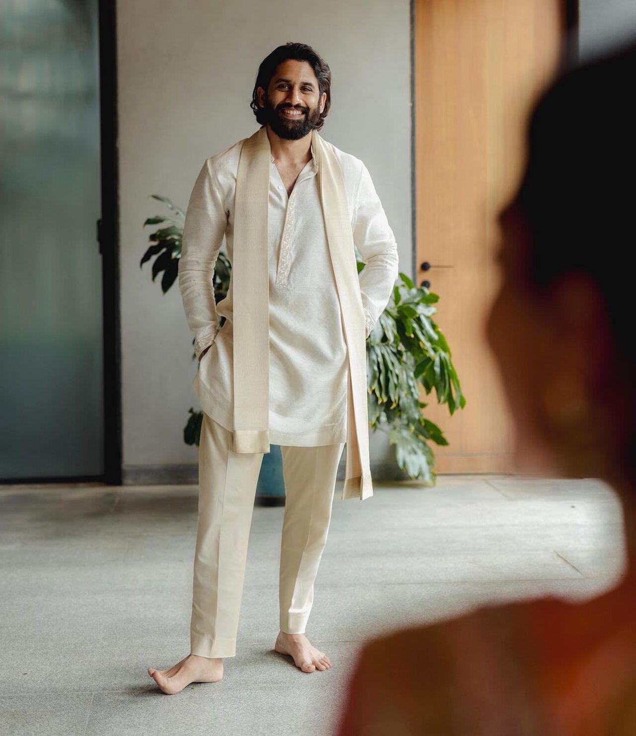 Naga Chaitanya wore an interpretation of the classic Pattu pancha, laalchi, and kanduva—a traditional three-piece set worn by the men of Andhra Pradesh. 