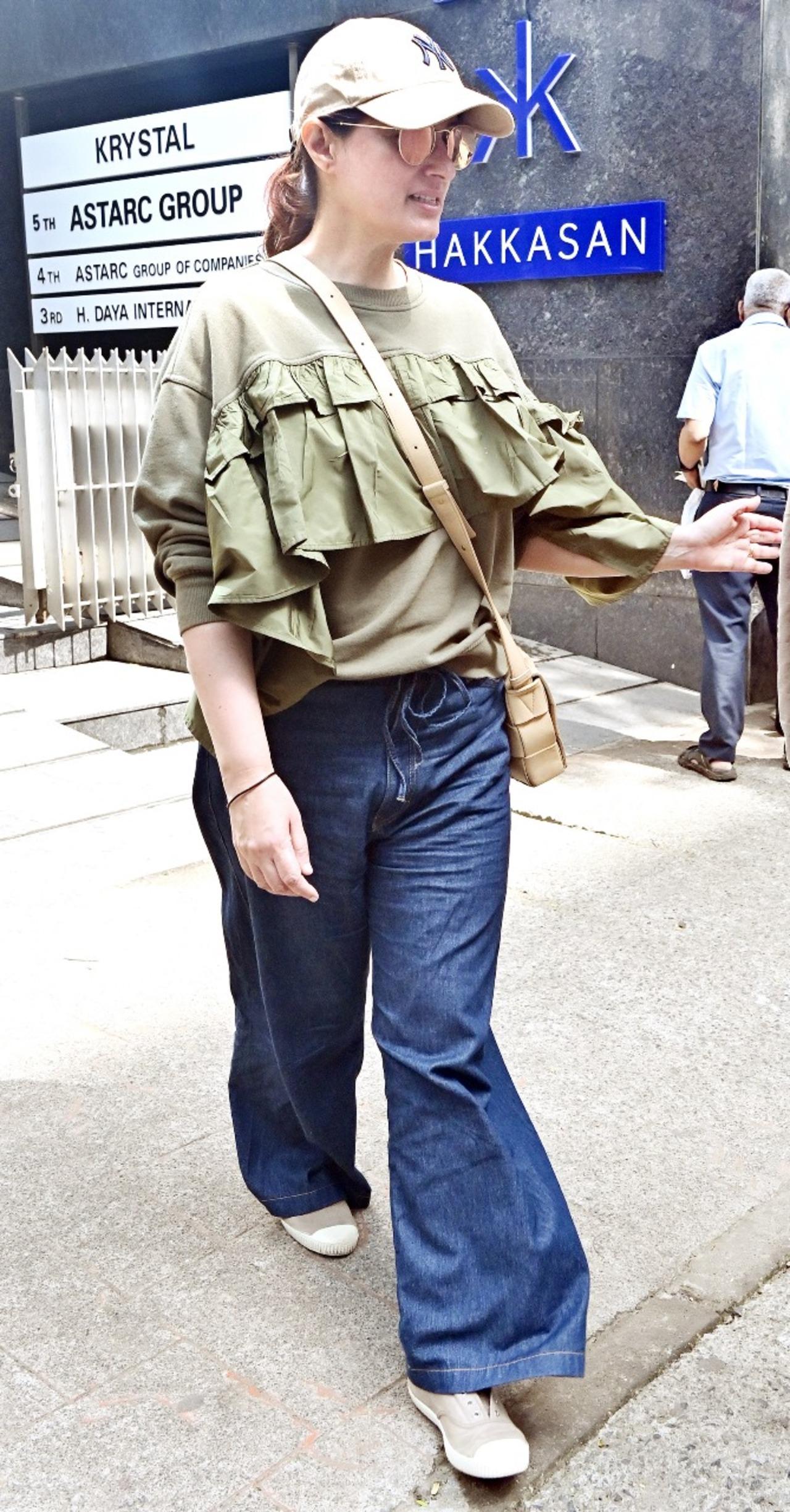 Twinkle Khanna was spotted in a sporty look at a restaurant in Bandra