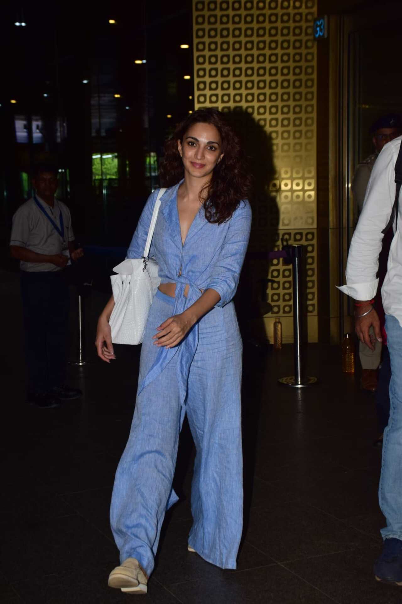 Kiara Advani was seen arriving back in the city early on Saturday morning in a blue co-ord