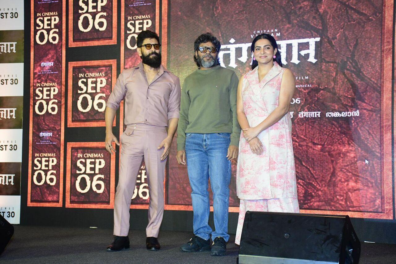 Vikram, Pa Ranjith and Parvathy at the press conference of their film 'Thangalaan' in Mumbai