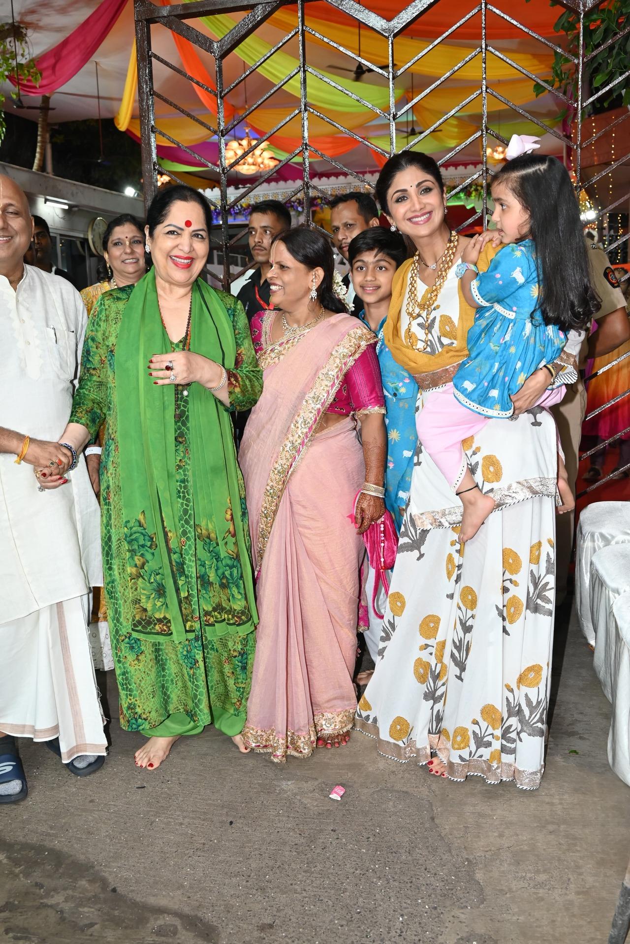 Shilpa Shetty with her mother and daughter at ISKON temple in Mumbai on Janmashtami