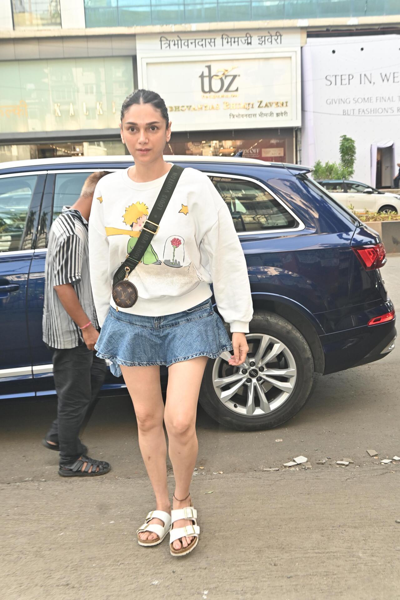 Aditi Rao Hydari spotted in the city looking cute in a mini denim skirt and sweatshirt