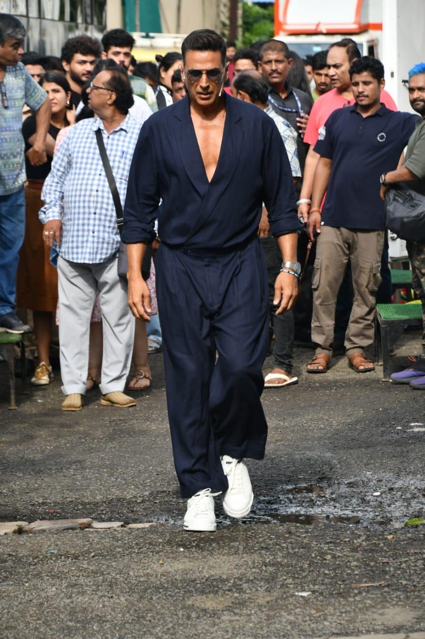 Akshay Kumar was seen sporting a navy blue jumpsuit as he promoted his upcoming movie