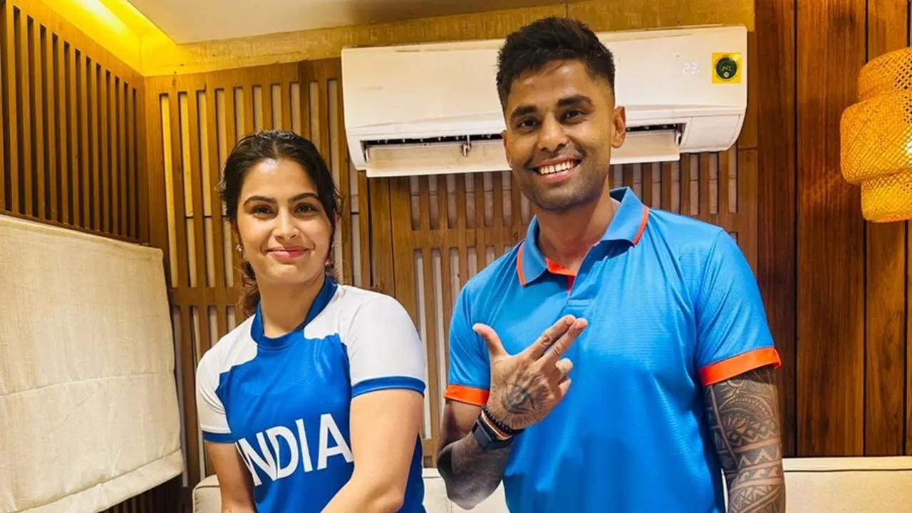 Manu Bhaker met Team India's swashbuckling batsman, Suryakumar Yadav. In the image posted by her, Manu is seen taking the role of a batter and Suryakumar acted as a pistol shooter. 