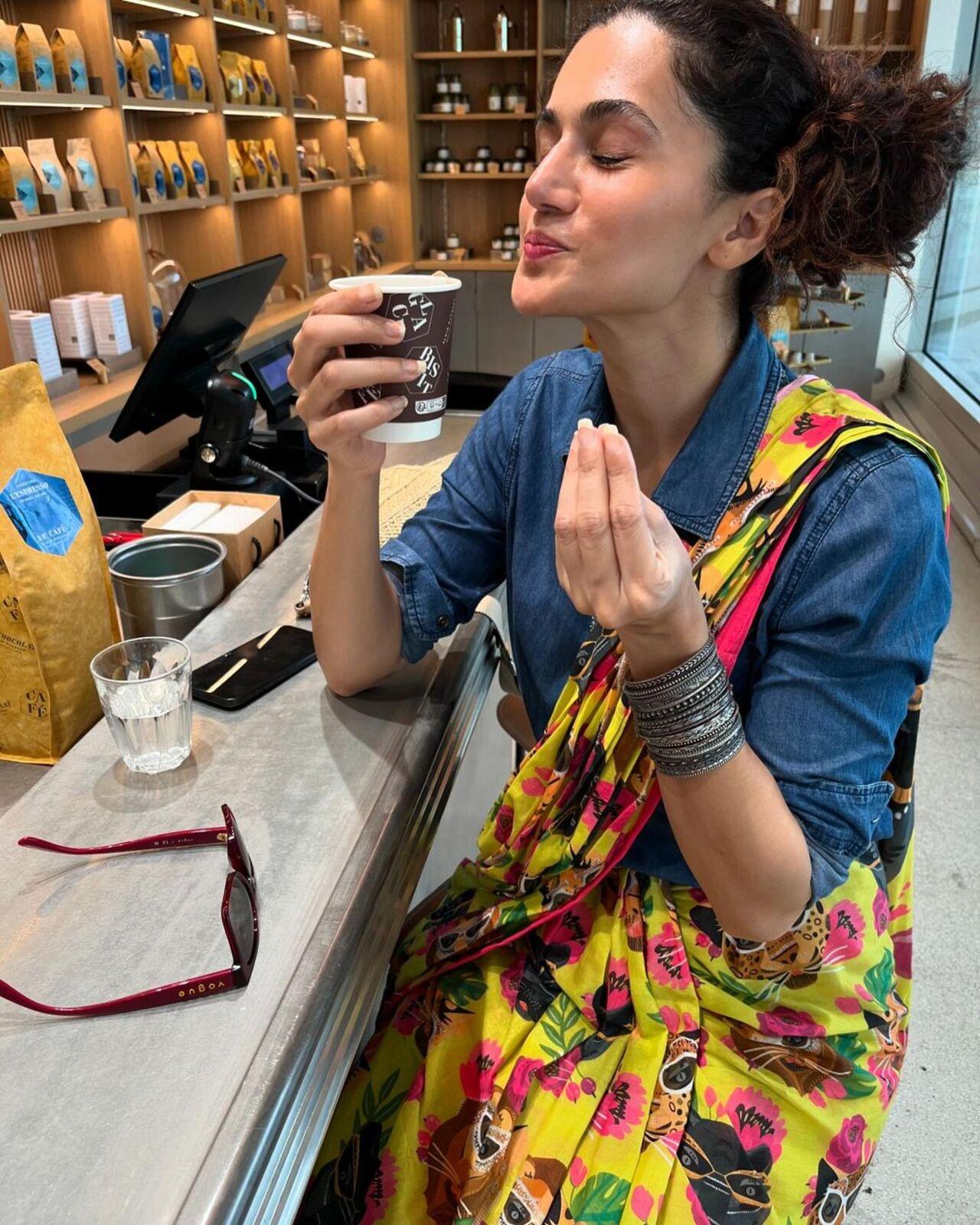 On her birthday, she put on a saree with quirky prints and sipped on some delicious coffee. 