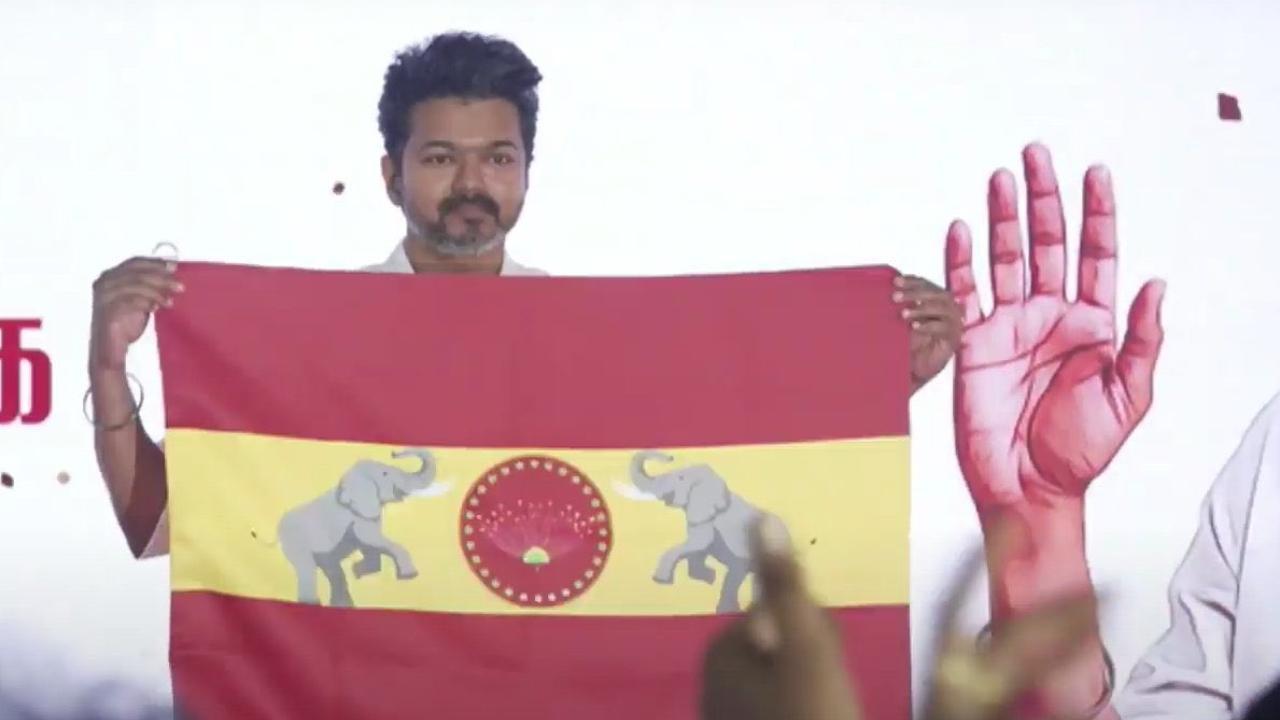 Thalapathy Vijay unveils party flag, features two tuskers Vaagai flower
