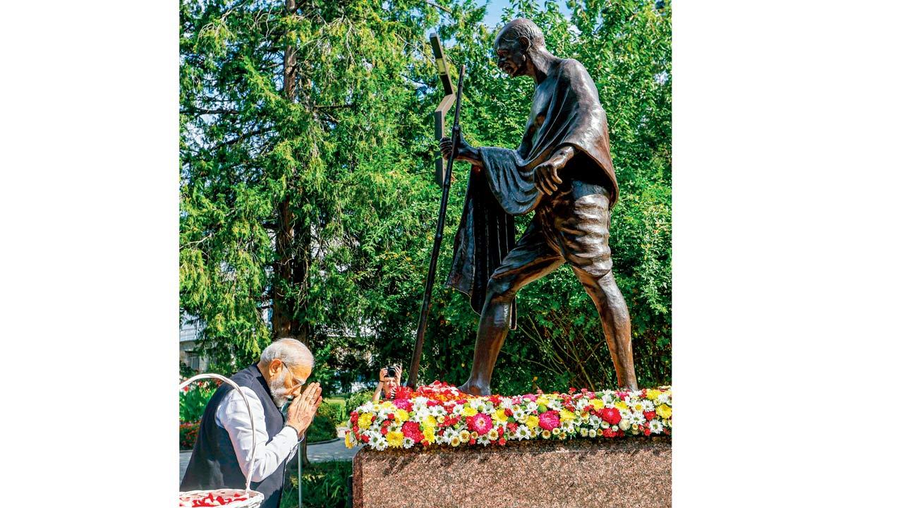 PM Modi pays tribute to Mahatma Gandhi, in Kyiv. Pic/X 