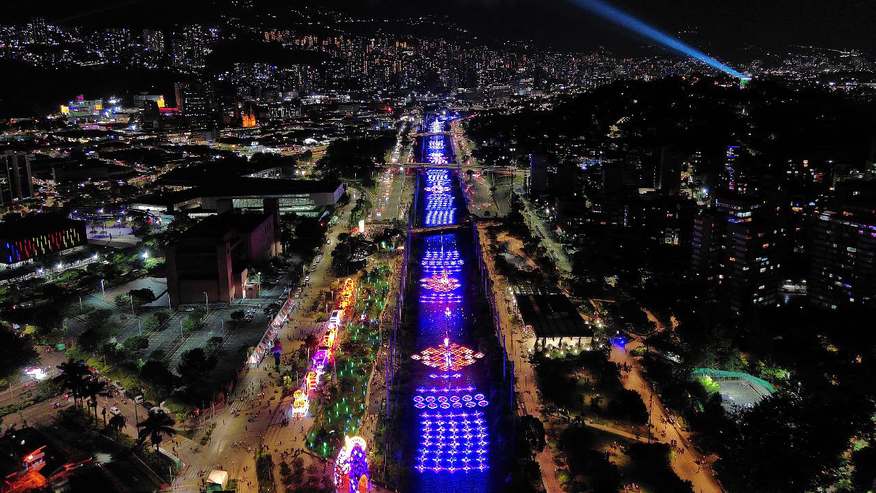Aerial view of the traditional Christmas lights in Medellin, Colombia