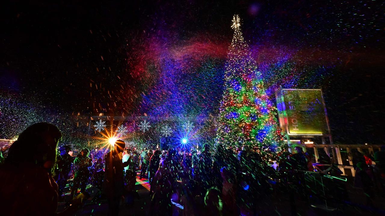 People attend the Los Angeles County Tree Lighting Ceremony in downtown Los Angeles, California, as the Christmas season begins