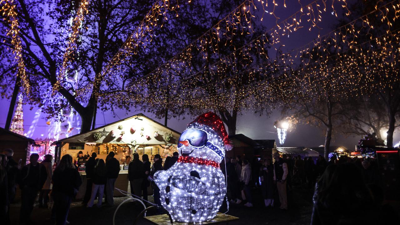 Visitors walk past illuminated decorations in the Christmas market celebrating its 30th anniversary and displayed for the first time at the Place des Quinconces in Bordeaux, south-western France