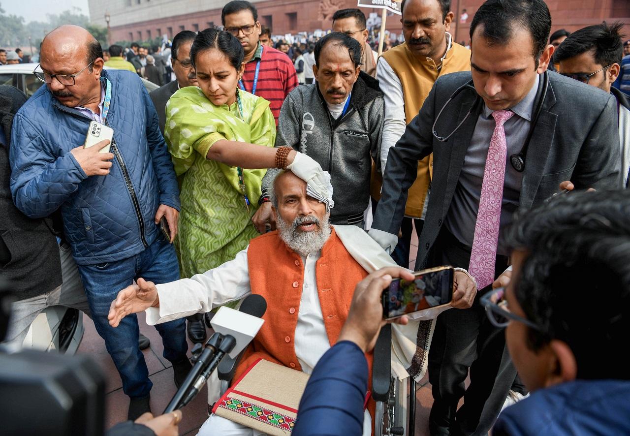Dressed in blue, a colour associated with B R Ambedkar, INDIA bloc MPs, including the Congress' Mallikarjun Kharge and Rahul Gandhi, staged a protest in the Parliament premises demanding Amit Shah's resignation for his remarks related to the chief architect of the Constitution