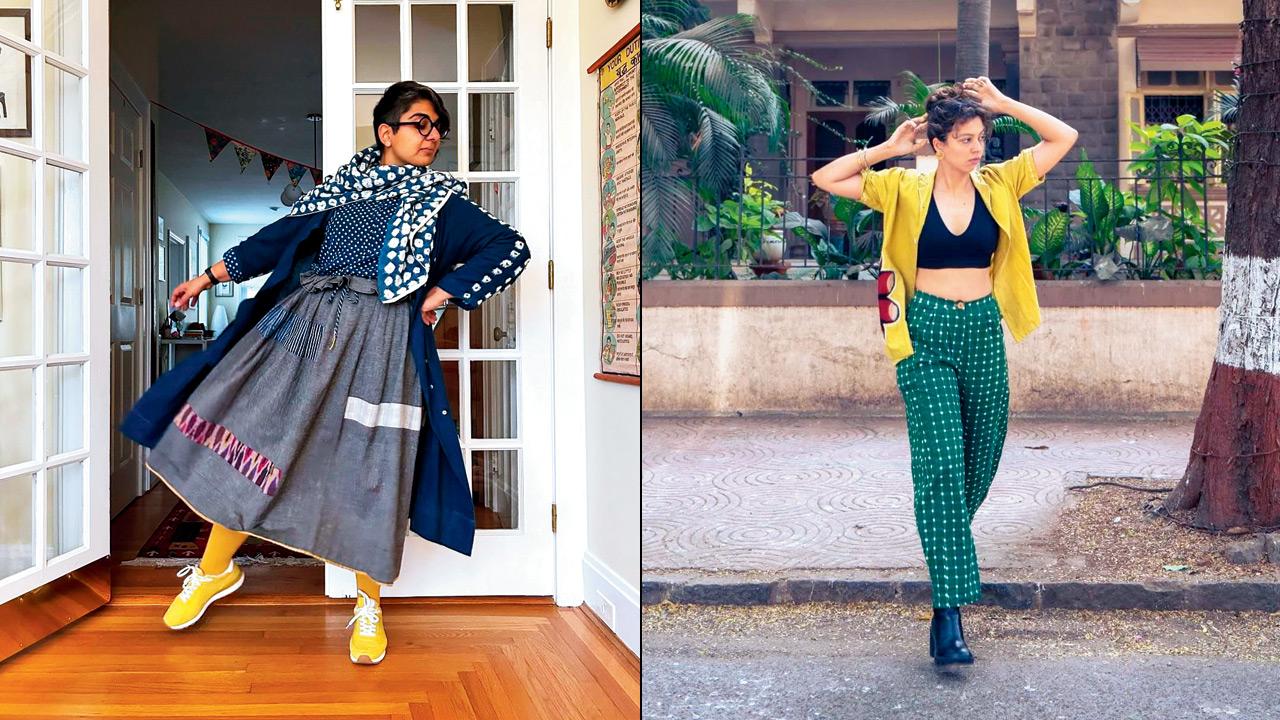 Fashion researcher Arti Sandhu in a bandhani tie-dye indigo outfit (right) Pair your craftcore overshirts with solid tees or printed trousers