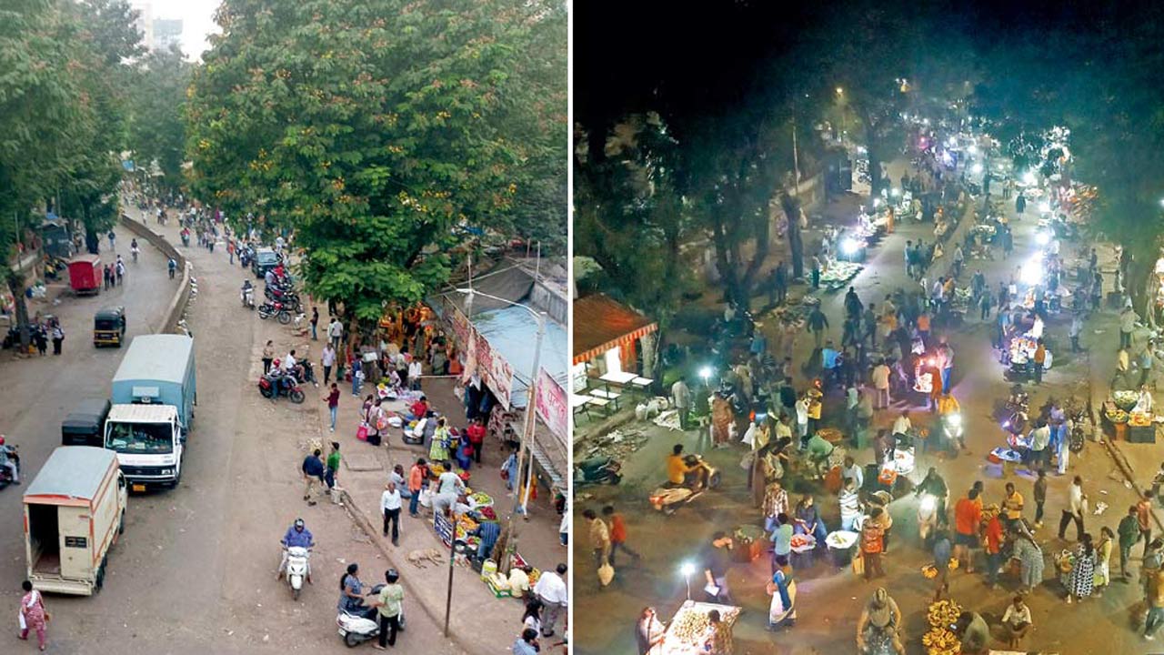 Bhaji Market Gully in Borivli West around 11 am on Wednesday, when civic officials were present at the spot. Pic/Prasun Choudhari; (right) Illegal hawkers flood the stretch a couple of hours later. Pic/Nimesh Dave