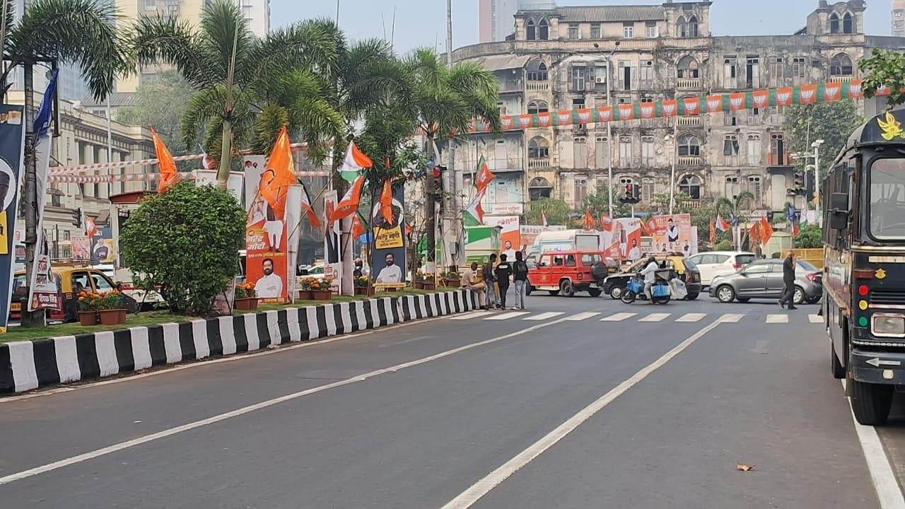 Posters and hoardings of Mahayuti leaders, along with the flags of the three parties have been put up across Mumbai 