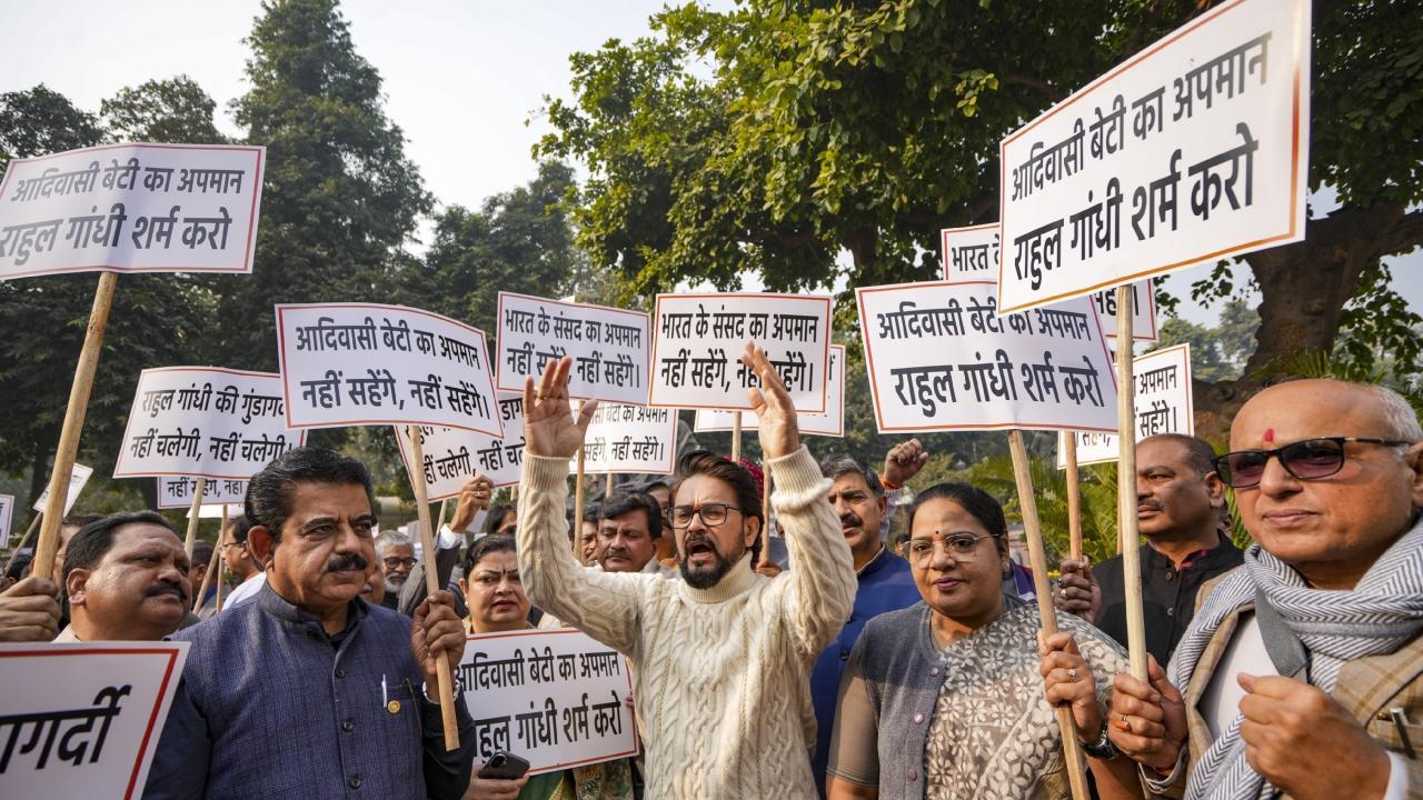 IN PHOTOS: BJP MPs protest at Parliament complex against Rahul Gandhi