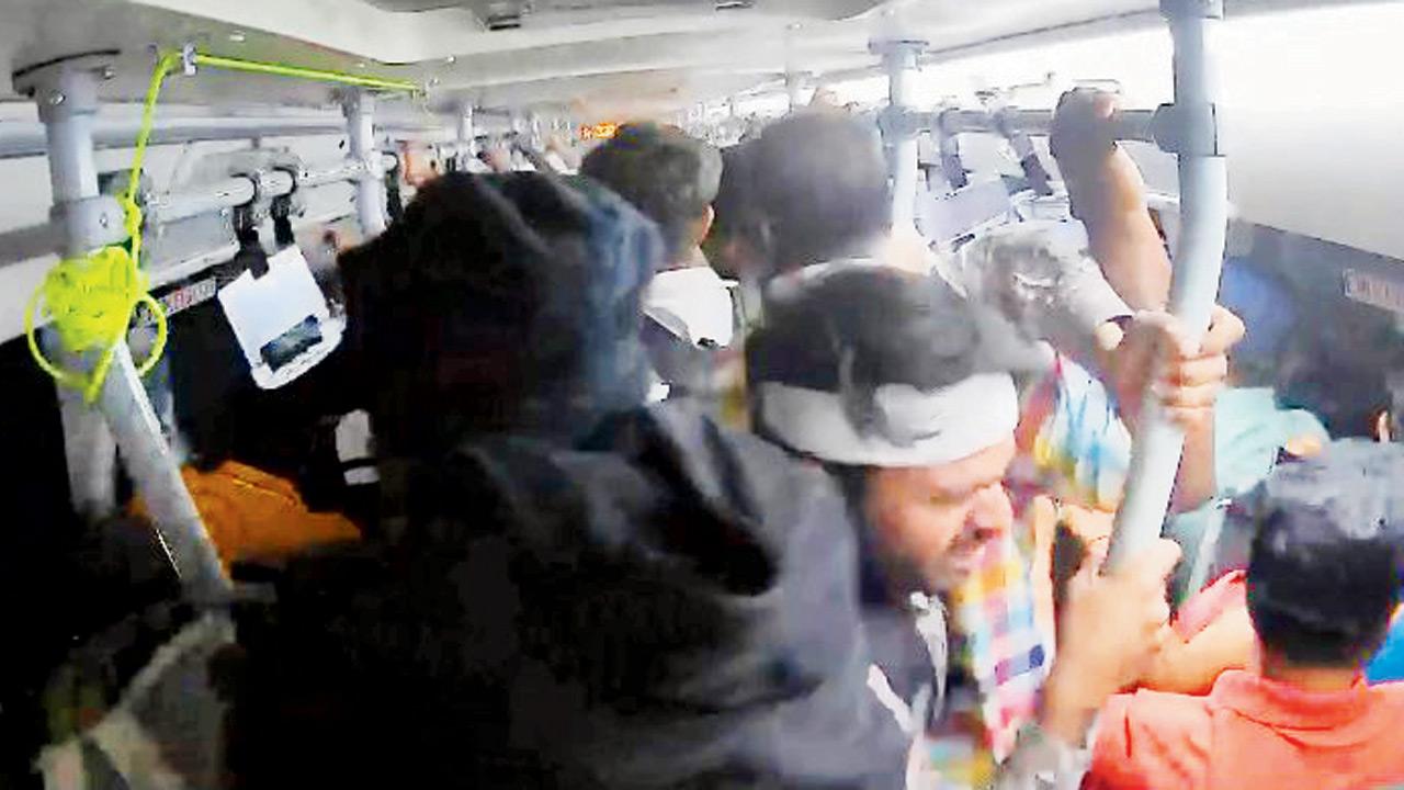 Scared passengers holding on for dear life as bus crashes into vehicles