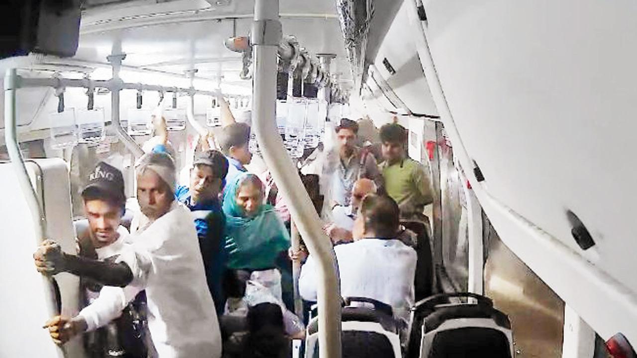 The scared passengers holding onto each other as the bus recklessly crashes into multiple vehicles