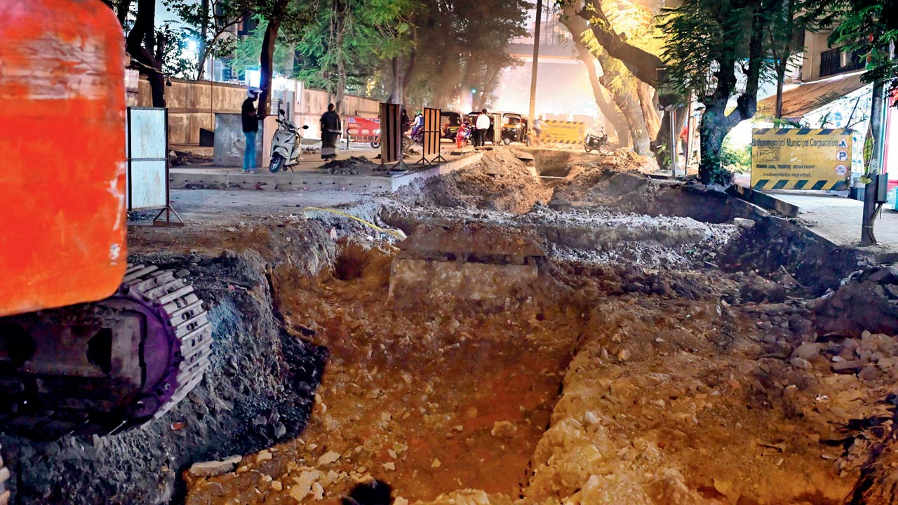 Both eastbound and westbound roads dug up in Chikuwadi; (right, in circle) biker forced to use the footpath on Kanti Park Road. Pic/Nimesh Dave