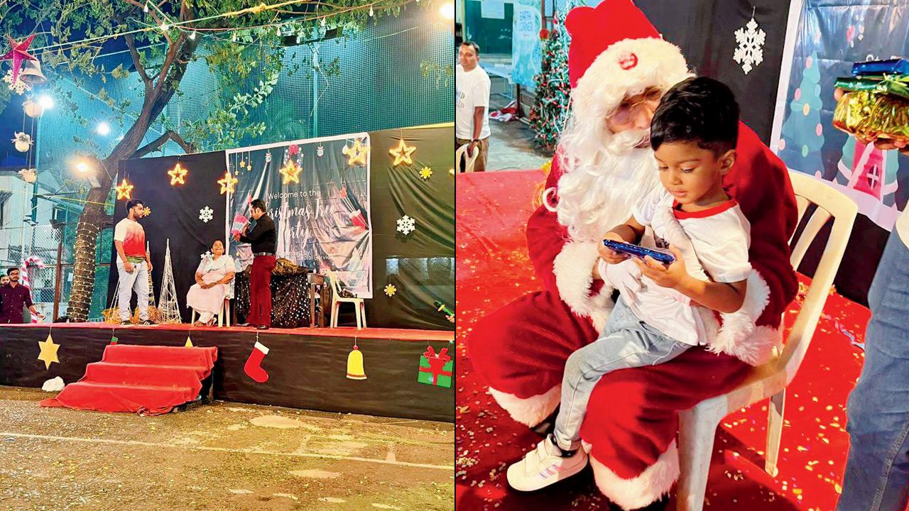 A kid interacts with Santa Claus at the event (right) an artist impersonates Salman Khan for the audience