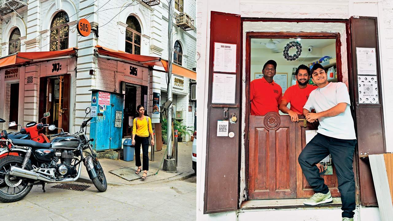 (From left) A view of the exteriors of Raghav Agarwal’s coffee hub at Fort; Agarwal (in white) at the outlet