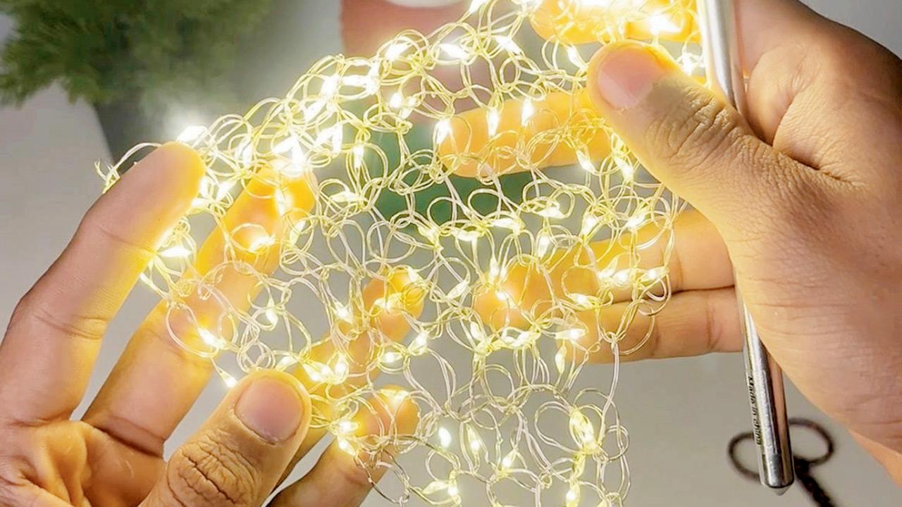 A close-up of the lit crochet designed by Chourasia