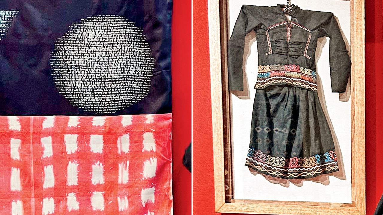 An untitled abstract; (right) a miniature costume by Pabiben