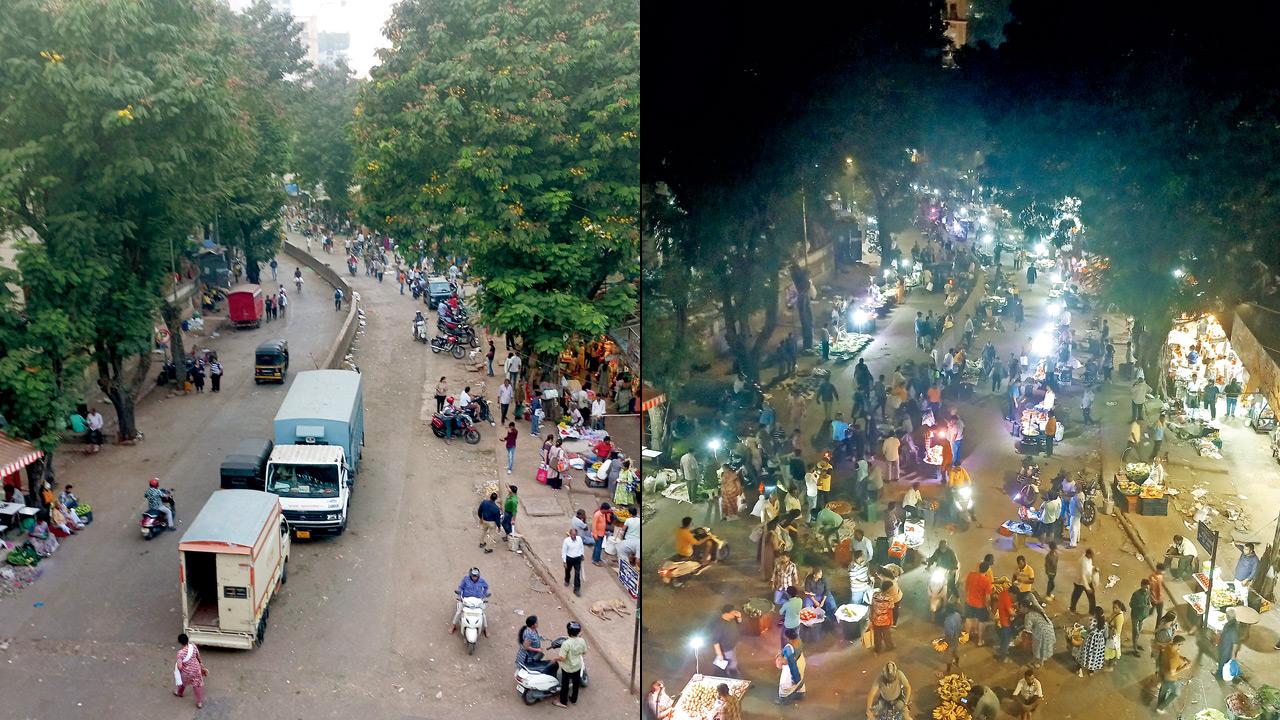 Bhaji Market Gully a 5.20 am, on December 1 (right) Illegal hawkers flood the stretch around 9 pm the same day. Pics/Prasun Choudhari