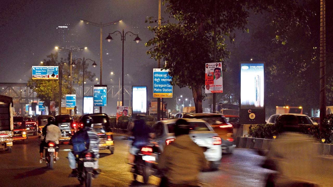 Digital banners on the median opposite NESCO Centre in Goregaon East. Pic/Anurag Ahire