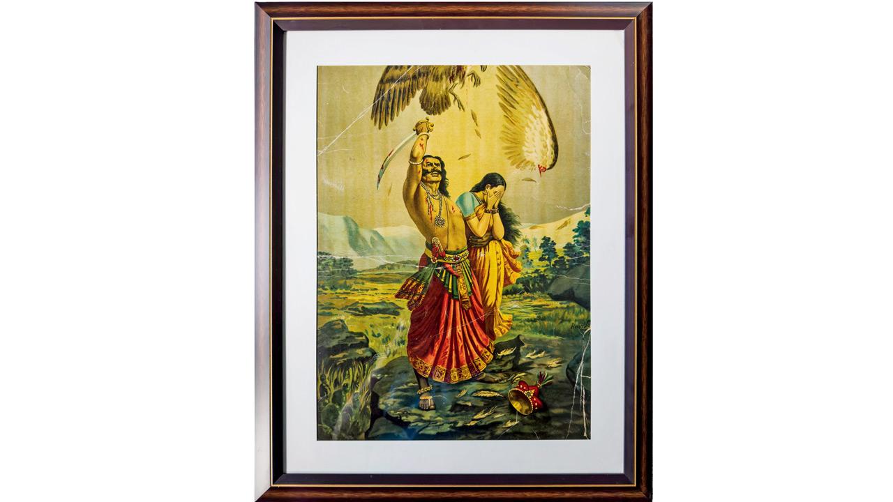 A lithograph of Jatayu Vadha by Raja Ravi Varma