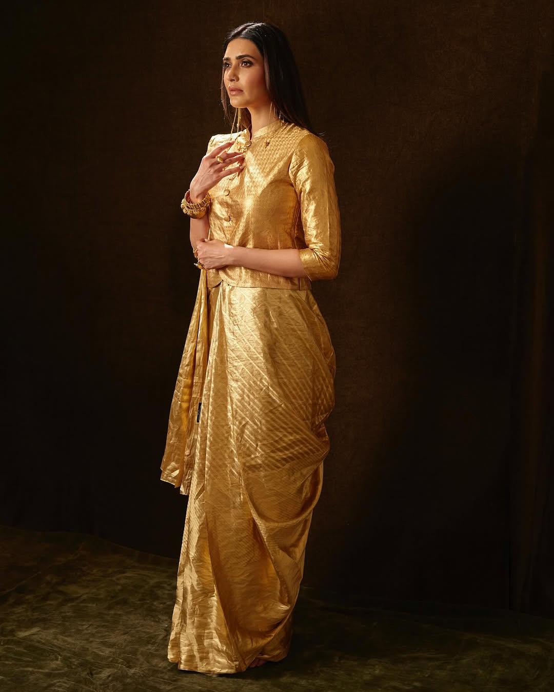  First, to get your haldi look right, we have a stunning Indo-western outfit straight from Karishma Tanna's wardrobe