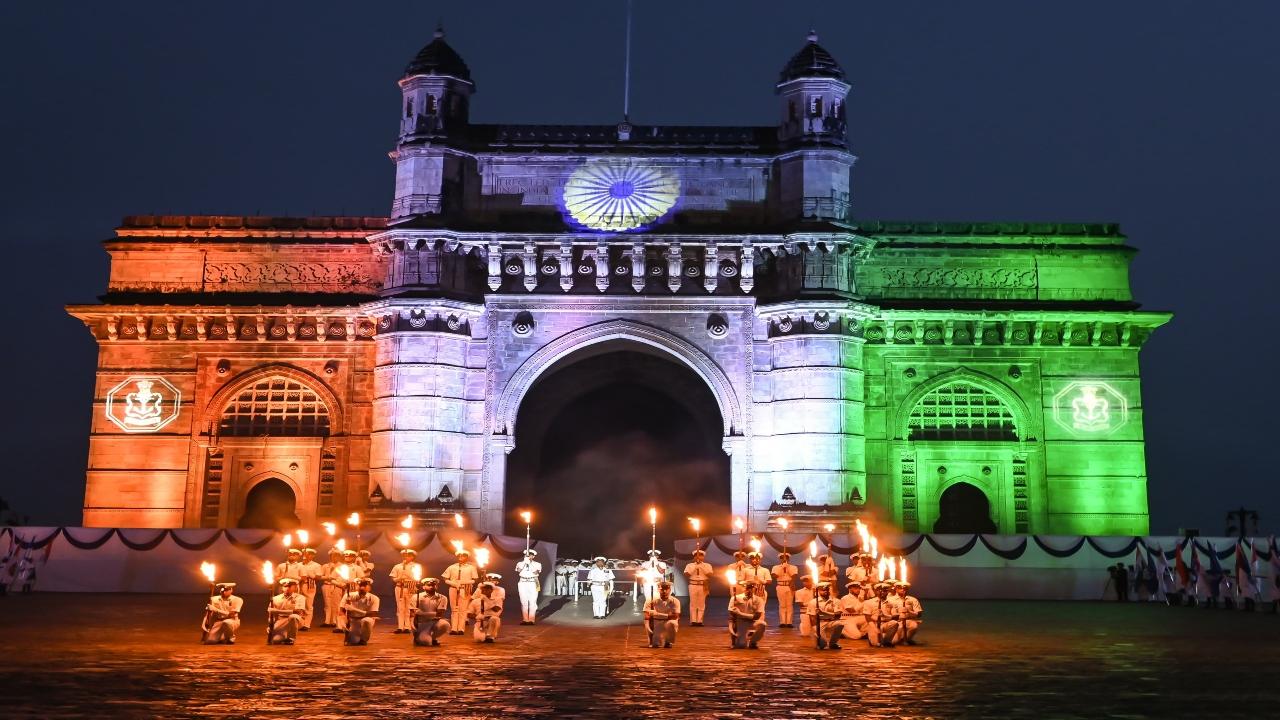 The Gateway of India lights up in the colours of the Indian flag