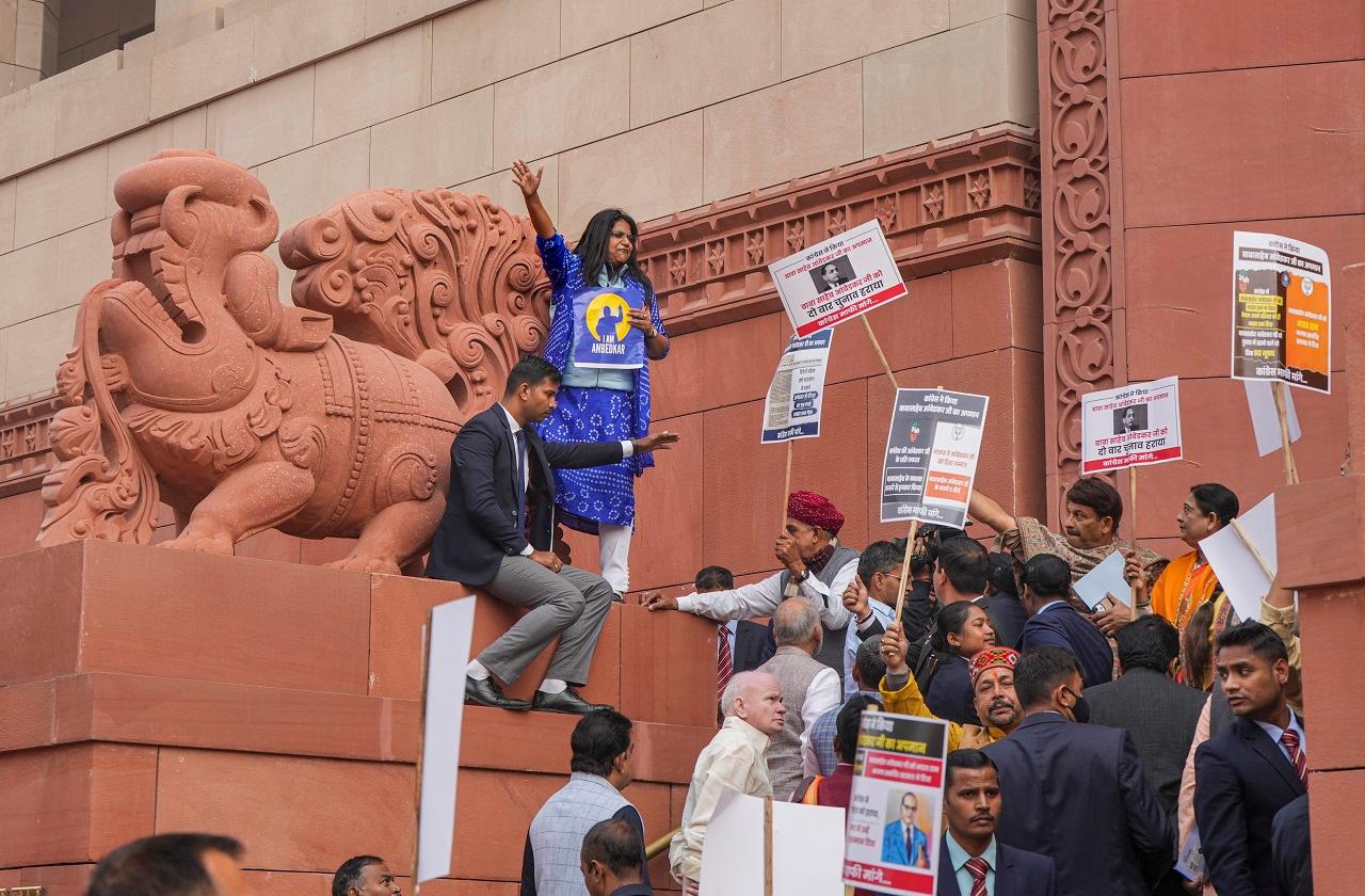 BJP-led NDA parliamentarians also carried out a march within Parliament premises, raising slogans and carrying placards demanding an apology from the opposition Congress for allegedly insulting Ambedkar