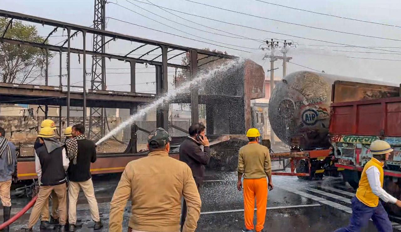 A truck hit the LPG tanker on the highway in the Bhankrota area in the early hours of Friday, sparking a massive fire that engulfed more than 35 vehicles