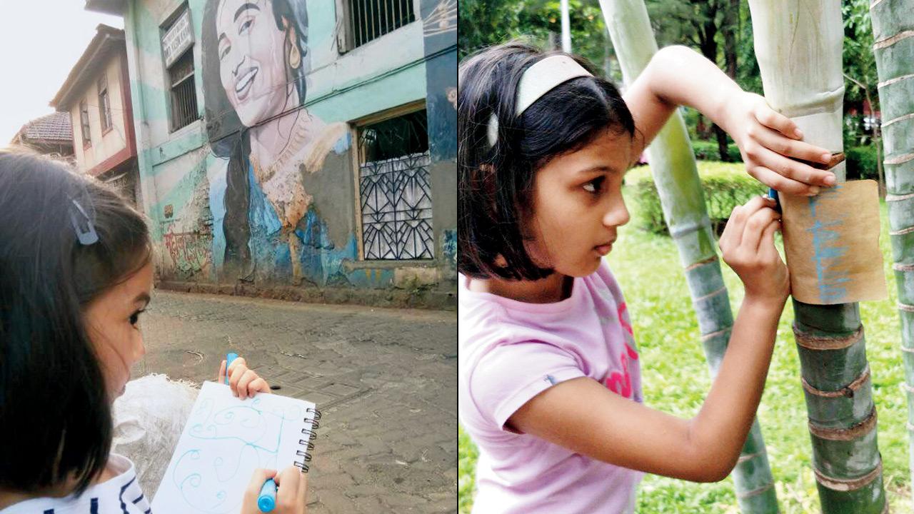The art race involves doodling and sketching as part of the tasks; (right) a girl marks lines on a sheet of paper at Malla Park in Bandra to solve a clue during an earlier edition of the race