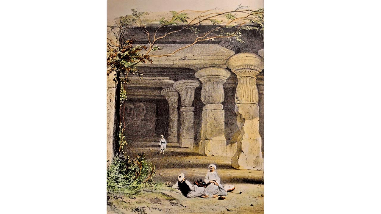 Interior of the Caves of Elephanta by Sir Harry Francis Colville Darell. Coloured lithograph