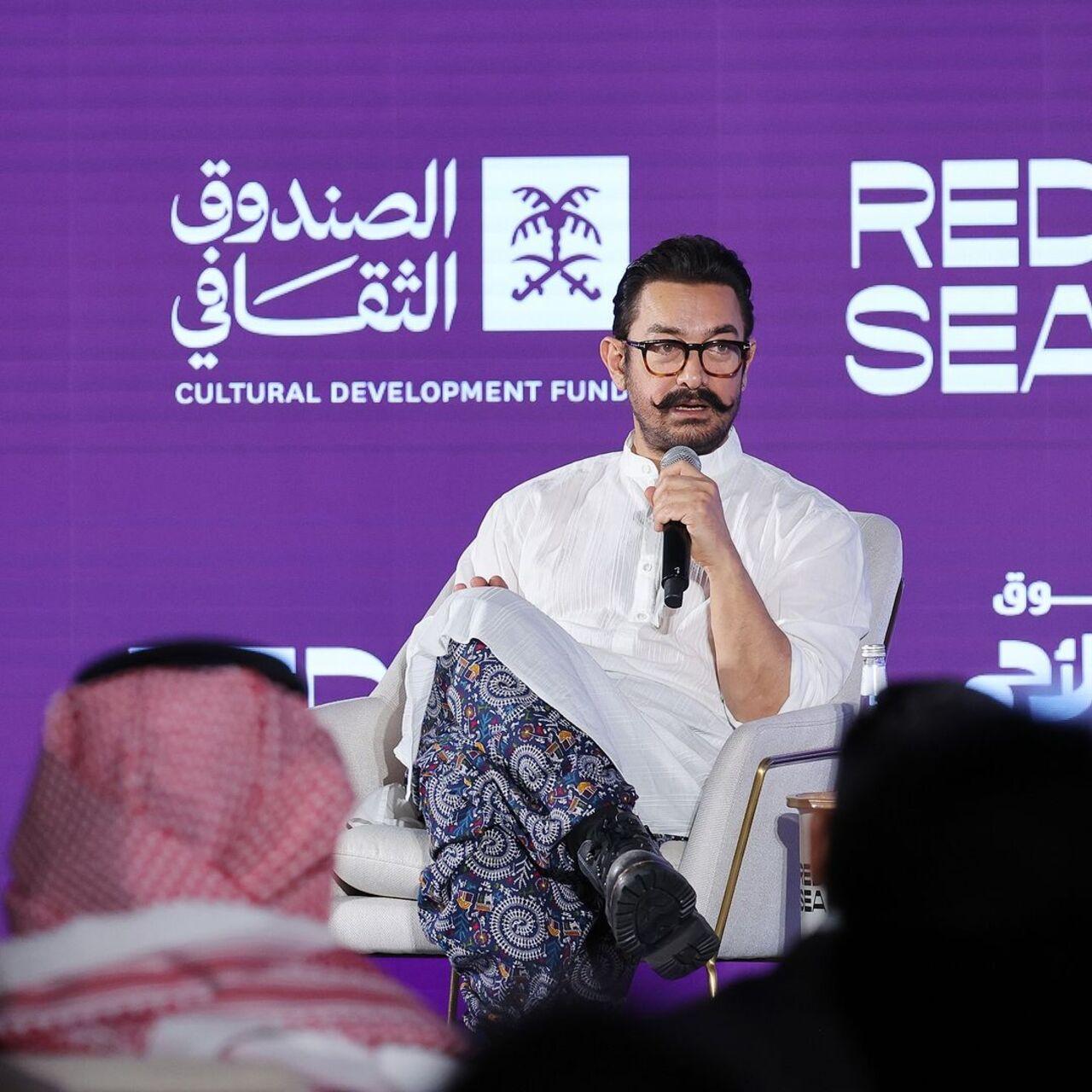 Aamir Khan in session for the 'In Conversation' segment on day one of the Red Sea International Film Festival. Dressed in a white kurta and multi-coloured pajama, the superstar spoke about industry trends
