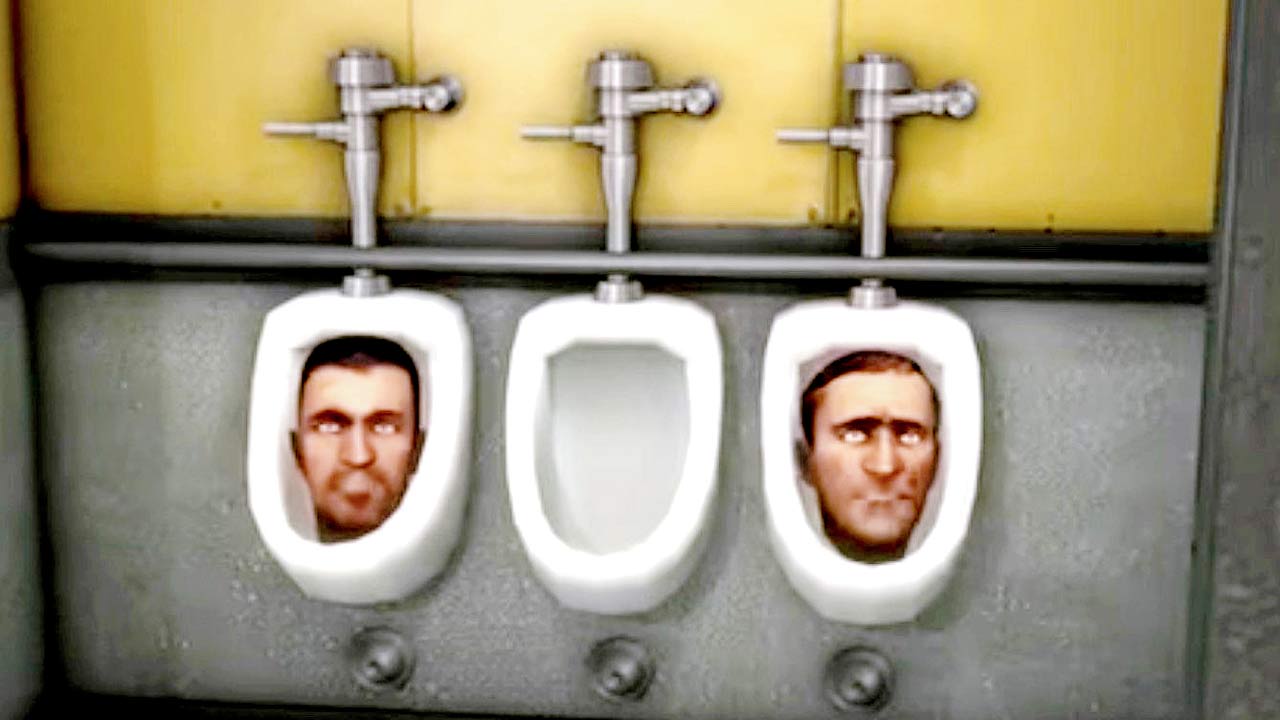 A still from the viral dystopian series of fast-paced YouTube videos and shorts “skibidi toilet” created by Alexey Gerasimov