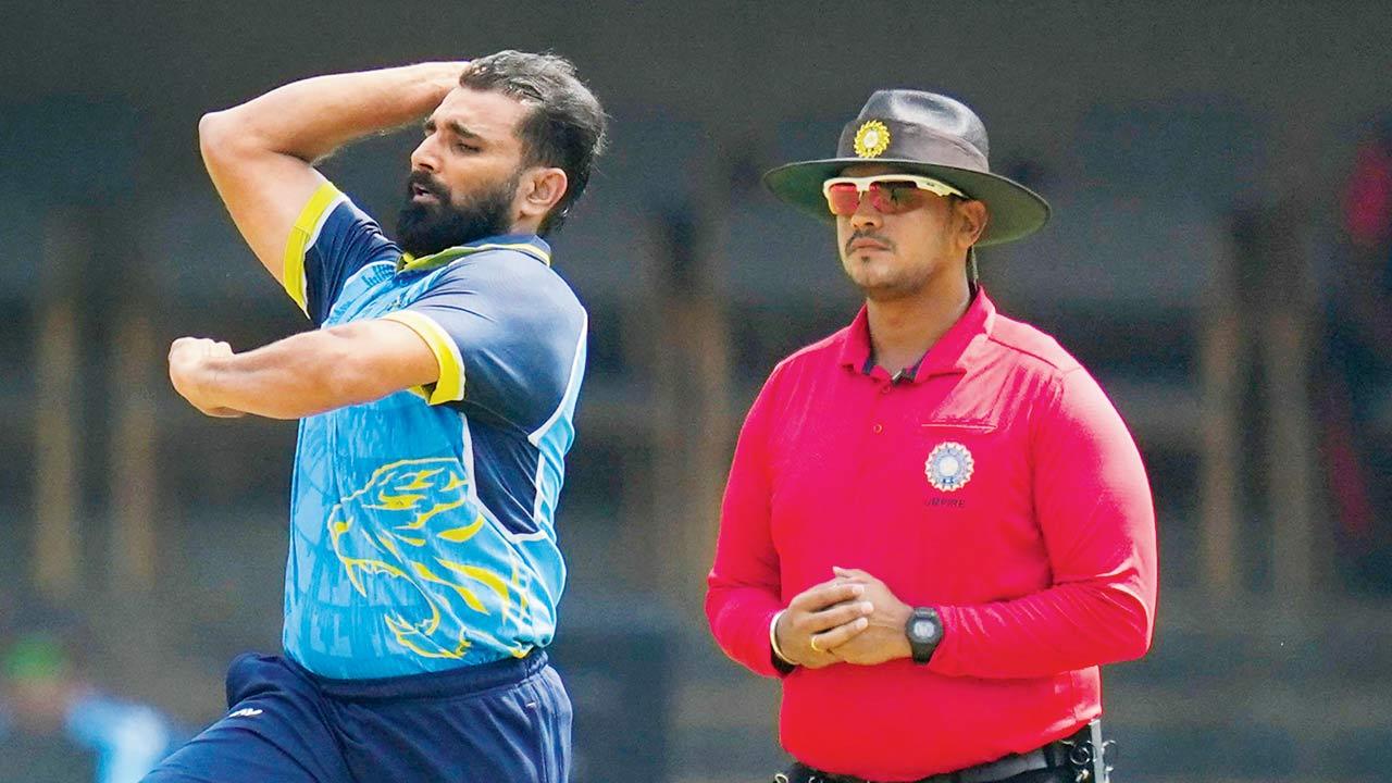 Bengal’s Mohd Shami bowls to a Chandigarh batsman during the Syed Mushtaq Ali Trophy pre-quarter-final in Bangalore yesterday. Pic/PTI