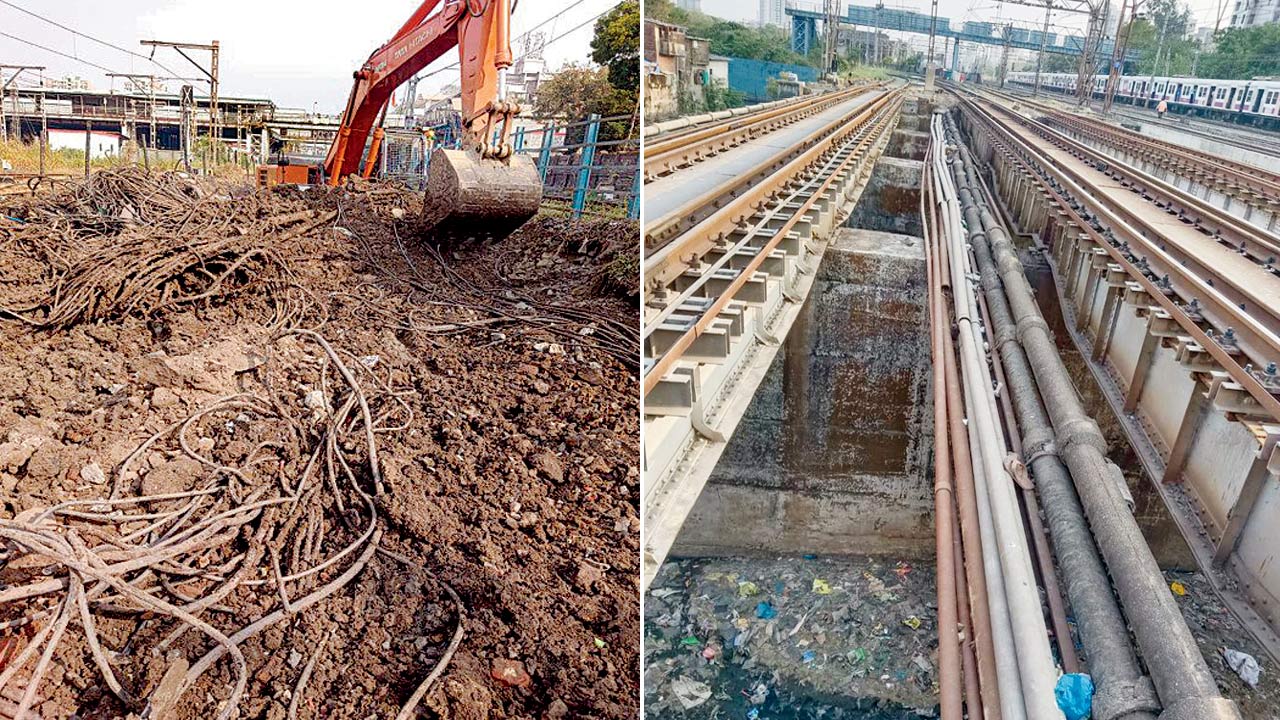 Cables being excavated for laying the sixth line in Kandivli; (right) Bridge No. 61 that will be upgraded in Kandivli