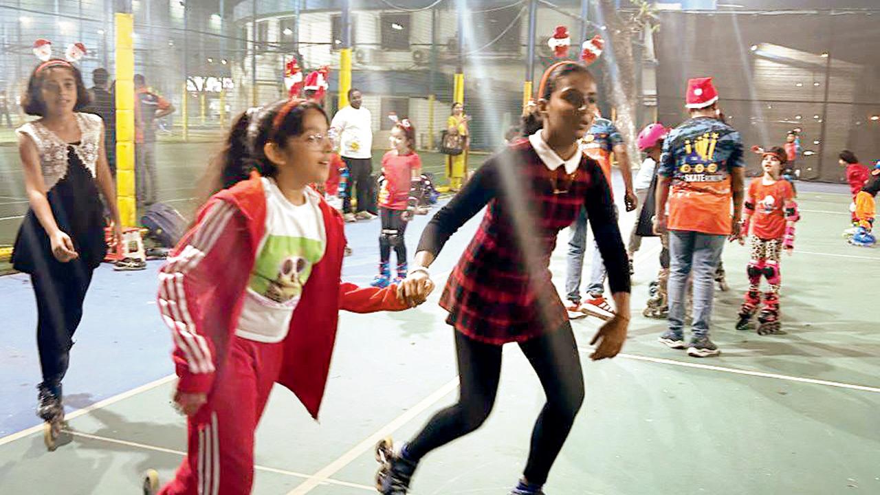 Children skate around during the event