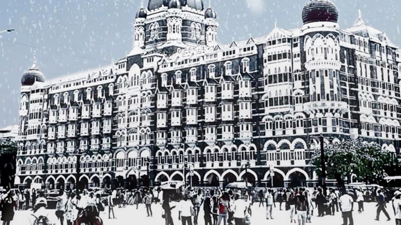 Rahul Gund’s visual sketch of a snow-laden Taj Mahal Palace Hotel