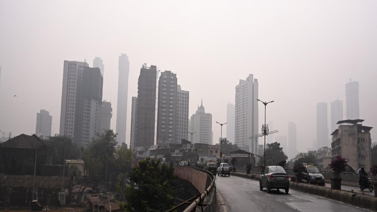 Smog obscures the skyline in south Mumbai
