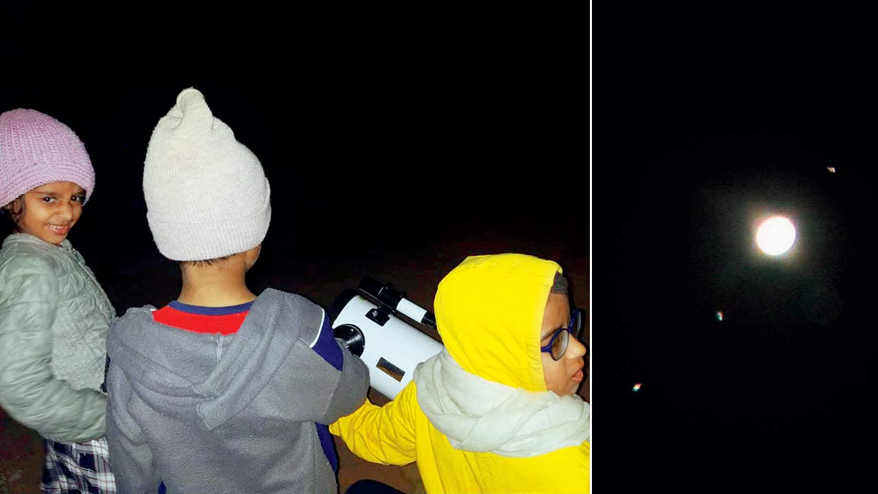 Children observe through the telescope during a previous session; (right) a view of Jupiter and its moons