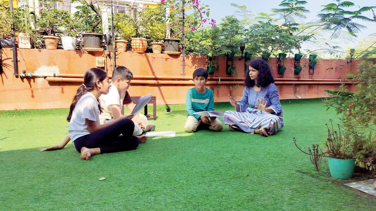 Ulka Mayur rehearses the script with the children